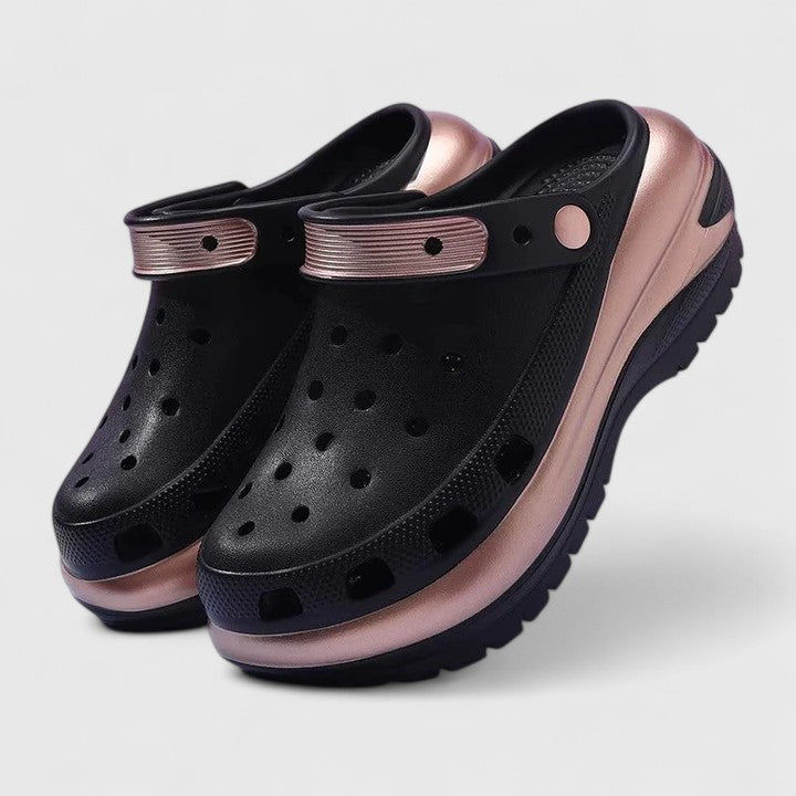 Women's orthopedic platform sandals in neutral color with rose gold metallic accent detailing