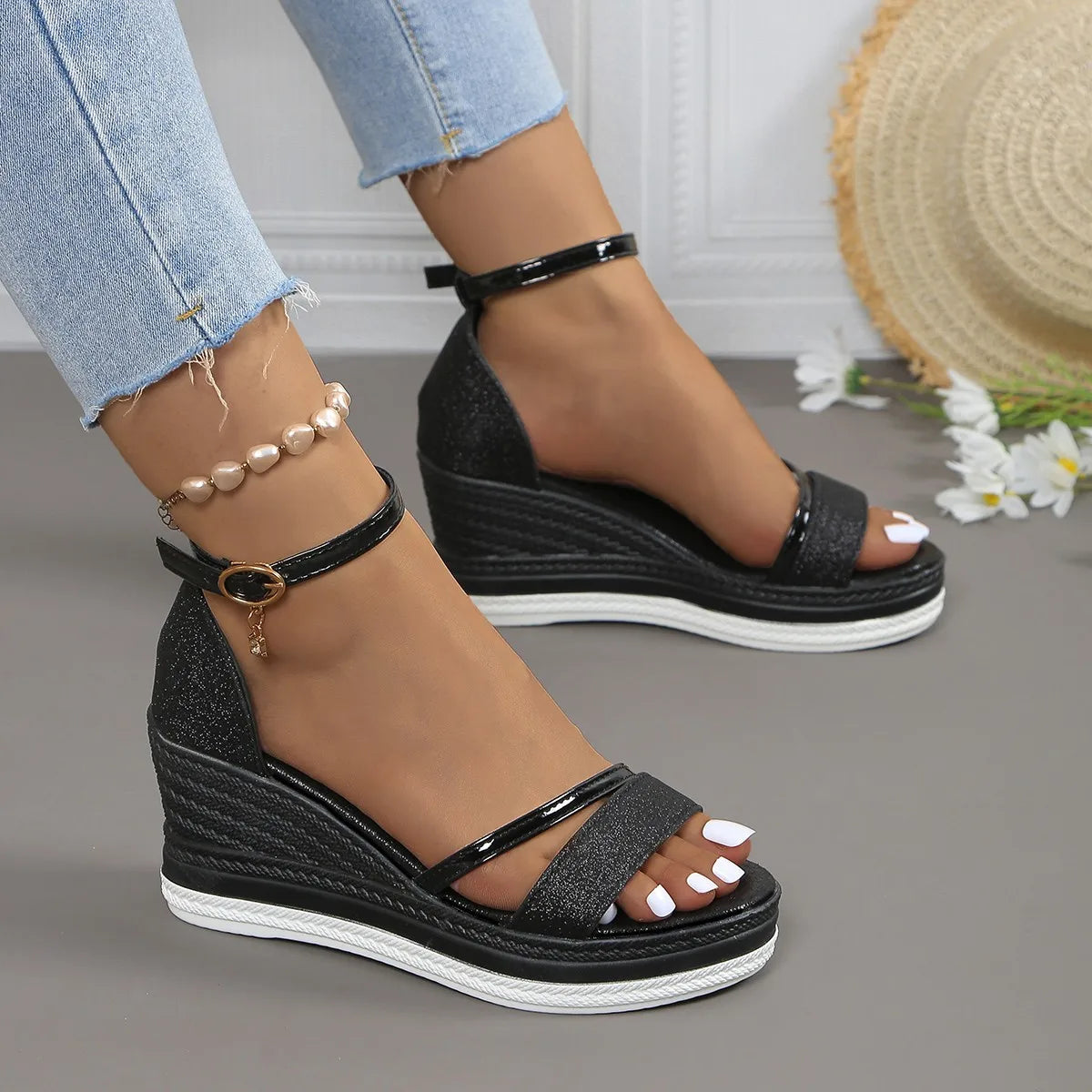 Side view of womens platform wedge strap sandals displaying layered espadrille platform and adjustable ankle strap