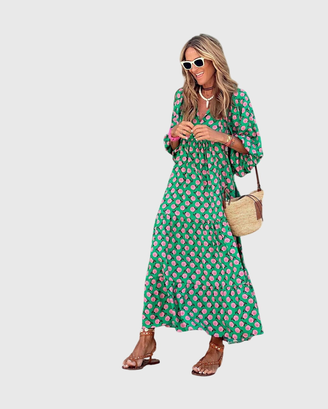 Side view of Boho Maxi Dress showing relaxed fit and flowing tiered maxi length
