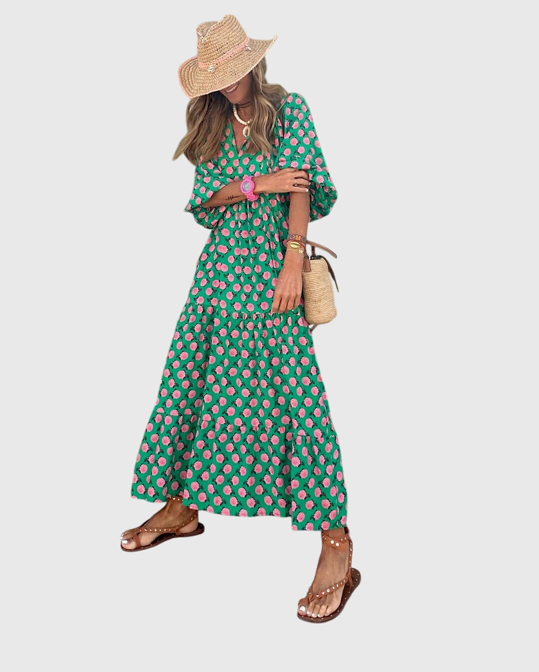 Close-up of V-neckline and gathered sleeve detail on Boho Maxi Dress
