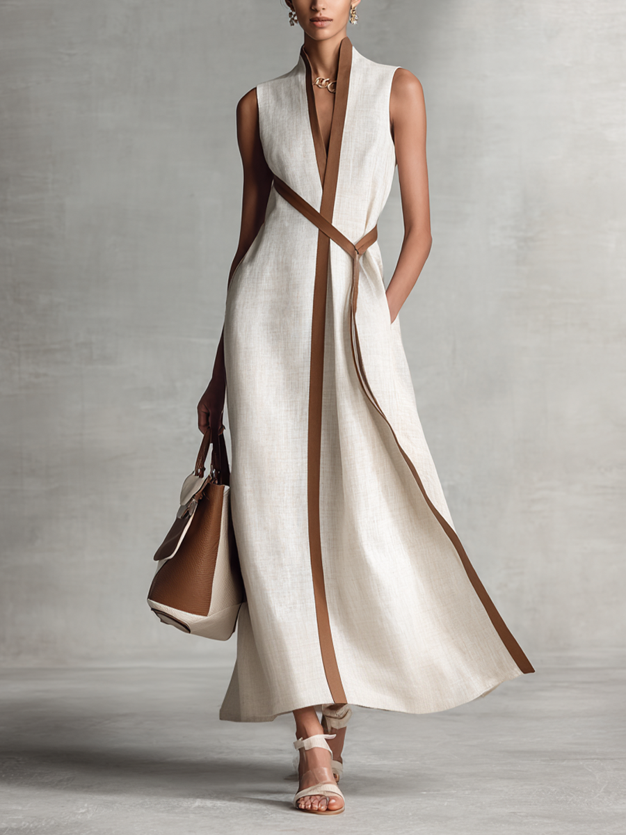 Woman wearing elegant maxi dress with contrast trim detailing and deep V-neckline in cream