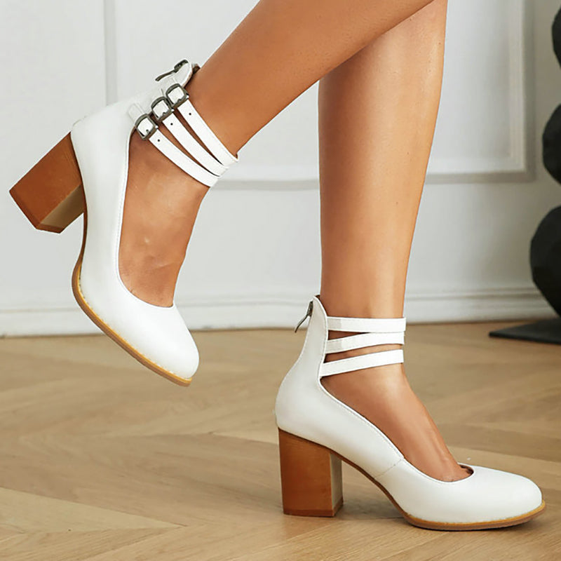 Side view of block heel sandals with adjustable ankle strap and smooth finish