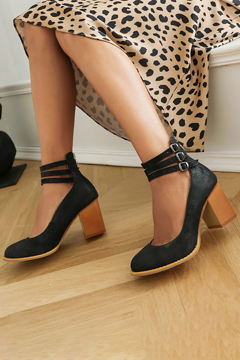Women wearing smooth sandals with ankle strap and thick heel for casual street style