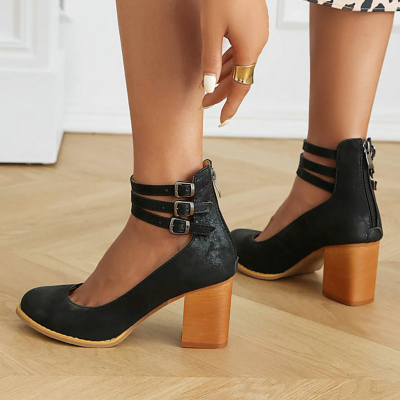 Close-up of adjustable ankle strap with triple buckle on smooth block heel sandals