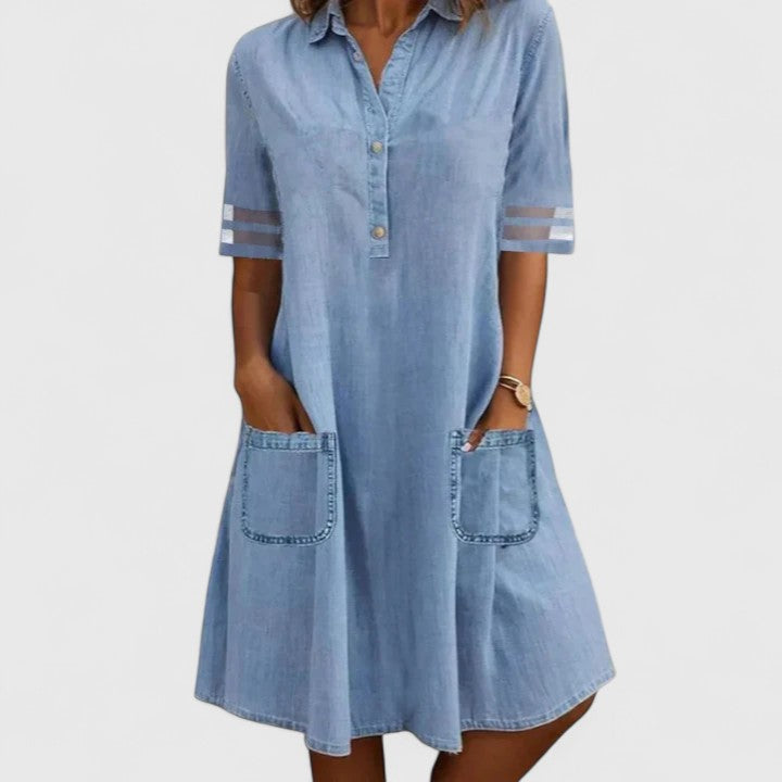 Riley figure flattering denim dress in light blue with collar, patch pockets, and contrast sleeve stripes for casual wear