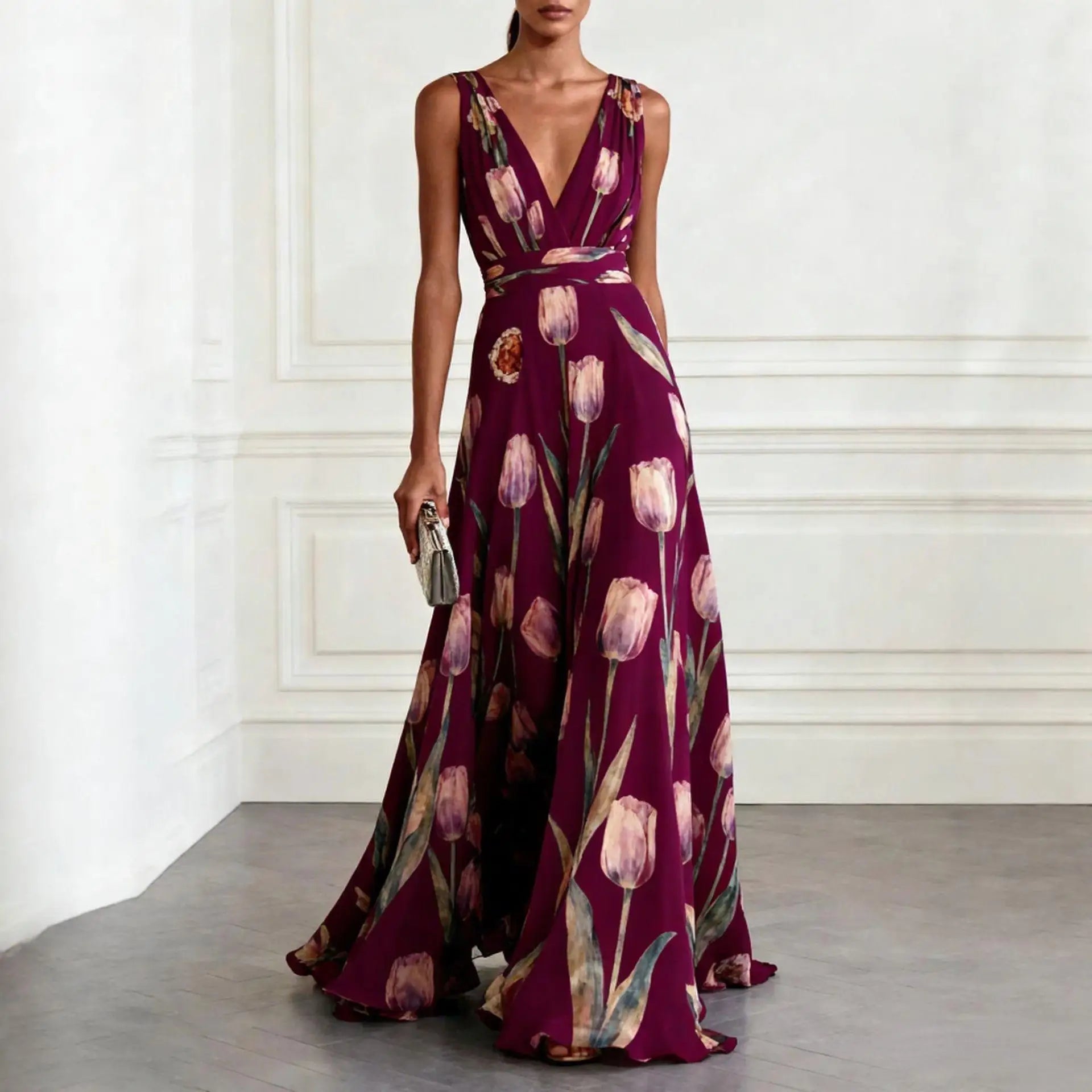 Detail of V-neck bodice and gathered waist on floral wedding guest dress