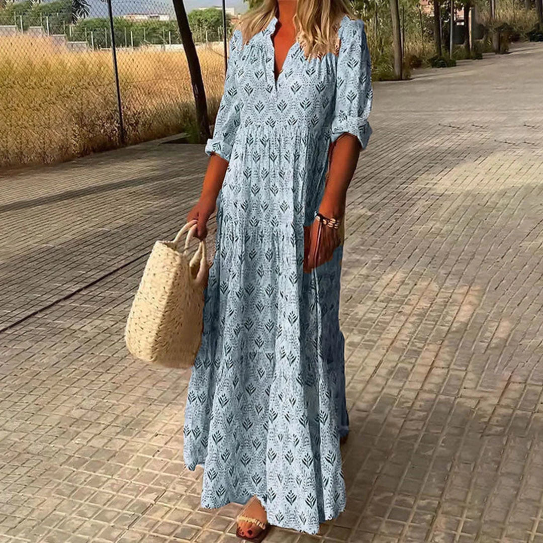 Front view of Maxi Boho Print Dress showing relaxed fit and full-length silhouette with roll-up sleeves