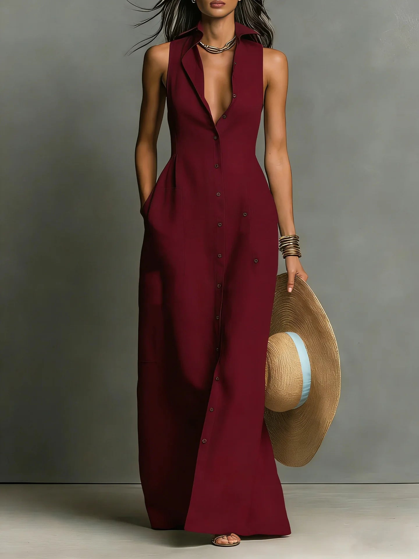 Close-up view of Elegant Lapel Shirt Dress showing tailored waist and sleeveless design with lapel collar