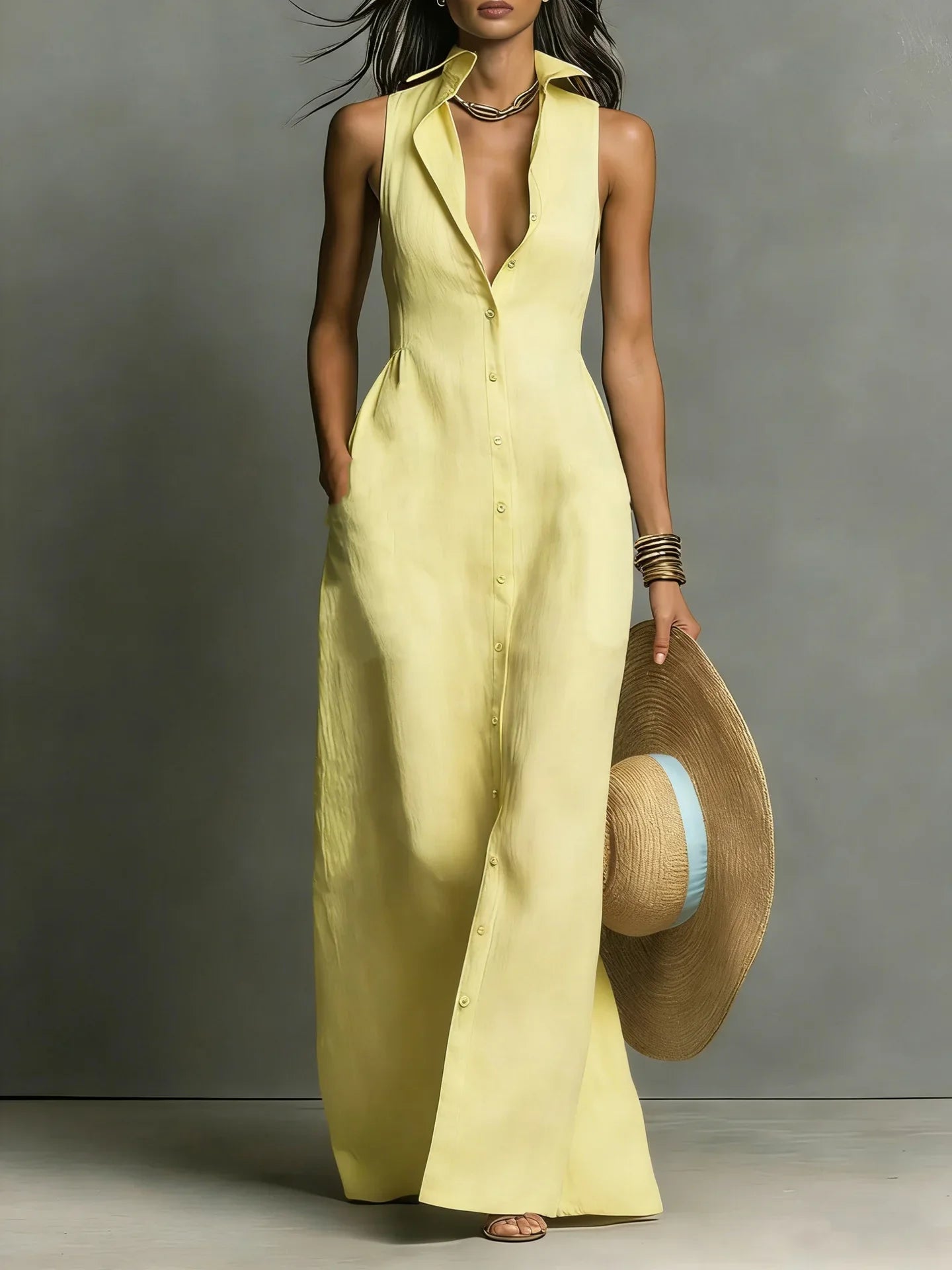 Side angle of red maxi Elegant Lapel Shirt Dress with full-length button closure and structured fit