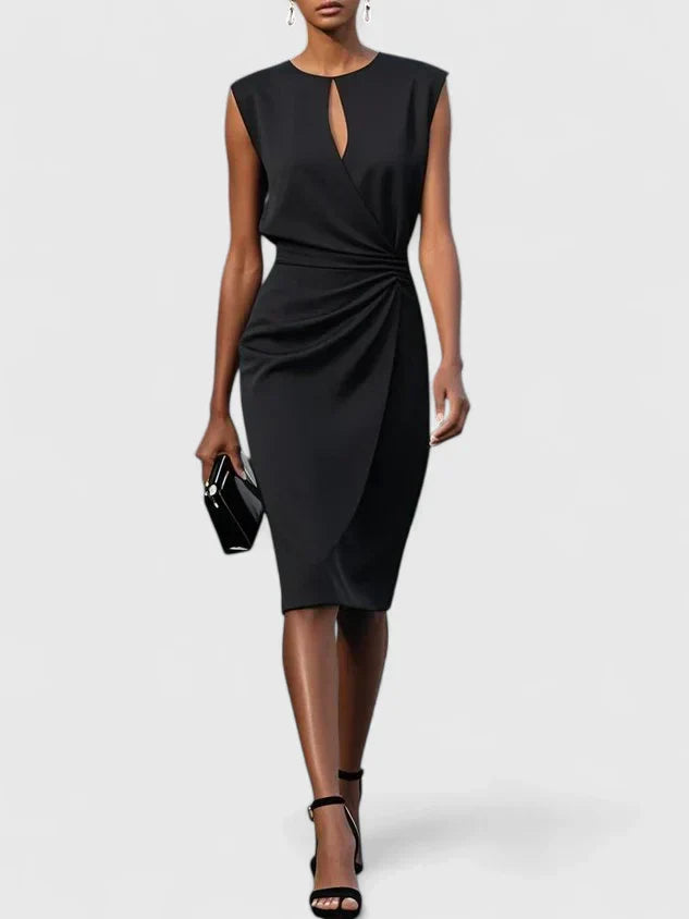 Formal sophisticated dress in structured fabric with elegant draped silhouette and midi length