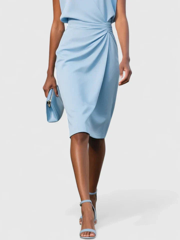 Midi-length sophisticated dress with smooth fabric finish and tailored draped waist