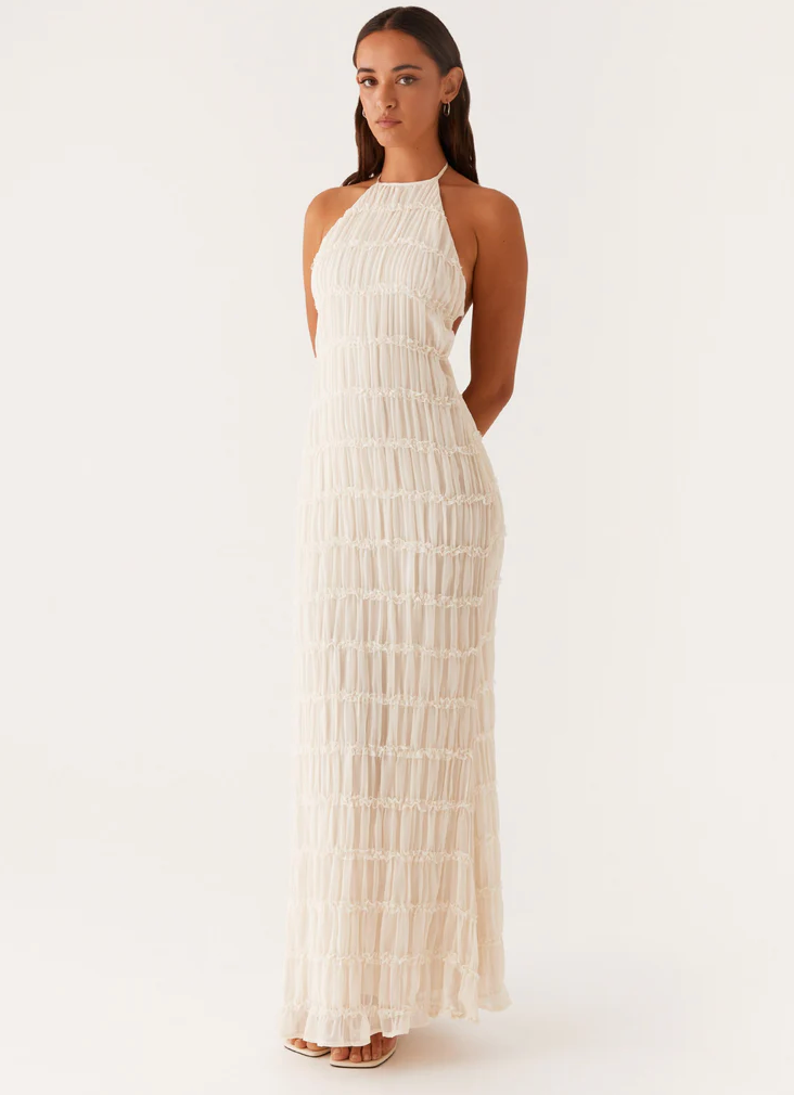 Halter maxi dress with tiered texture detail and adjustable neckline in cream white