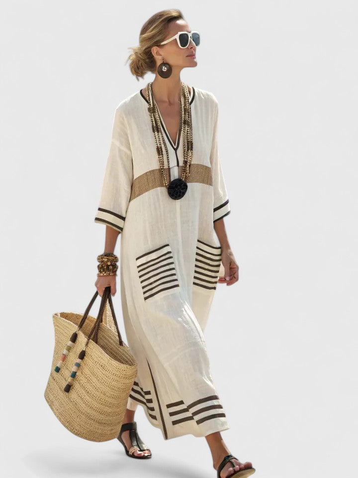 Side view of relaxed fit Boho Maxi Dress showing oversized silhouette and floor-length hem