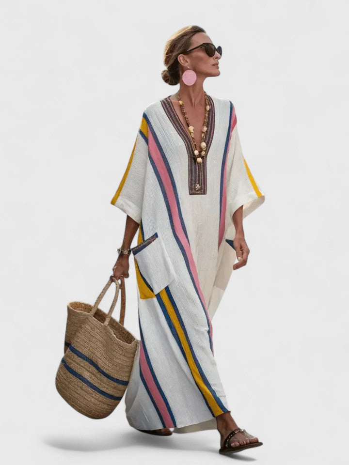 Close-up of striped pattern and contrast trim detail on Boho Maxi Dress sleeves