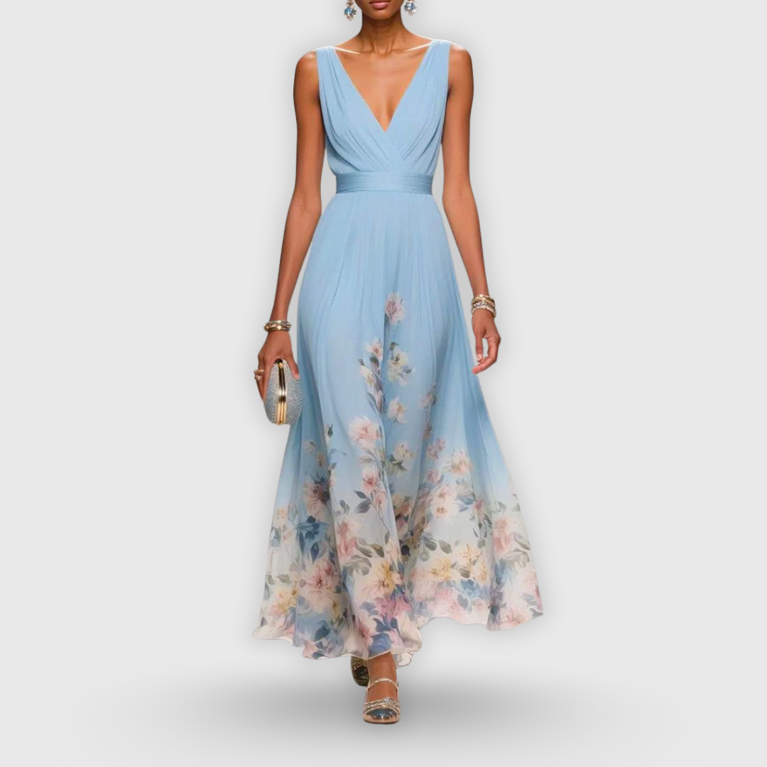 Elegant Floral Maxi Dress with deep V-neckline and gradient floral print in light blue