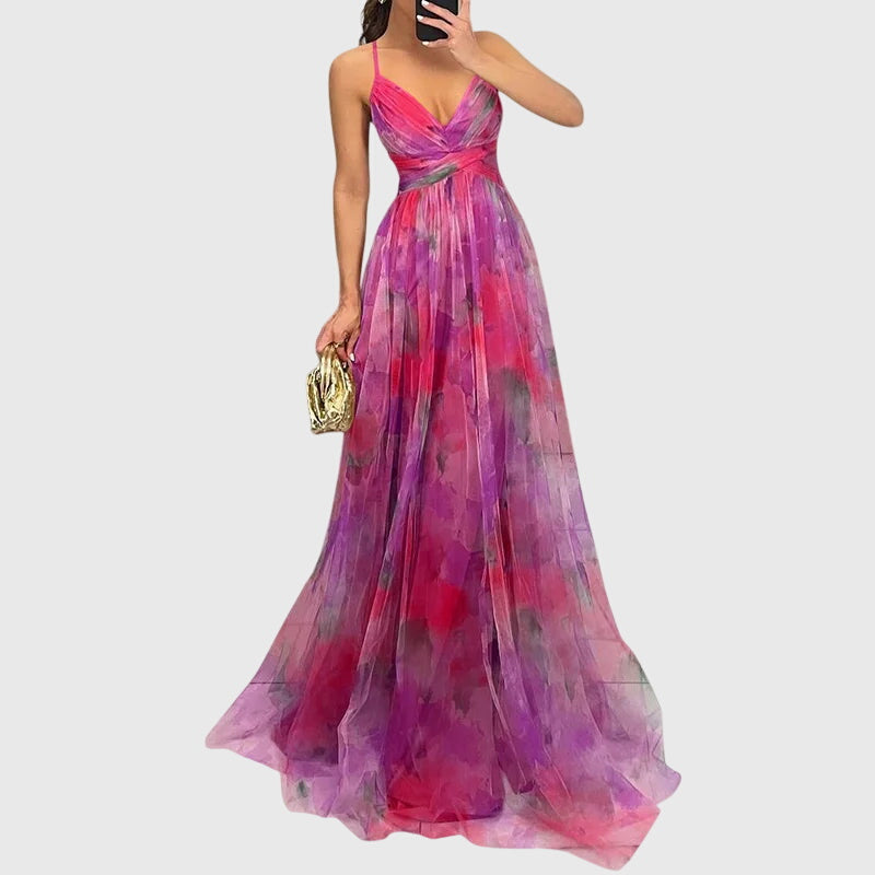Floral maxi dress styled with clutch for formal summer event