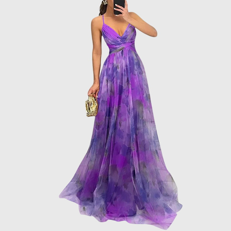 Full-body shot of floral maxi dress highlighting high-waisted fit and romantic print