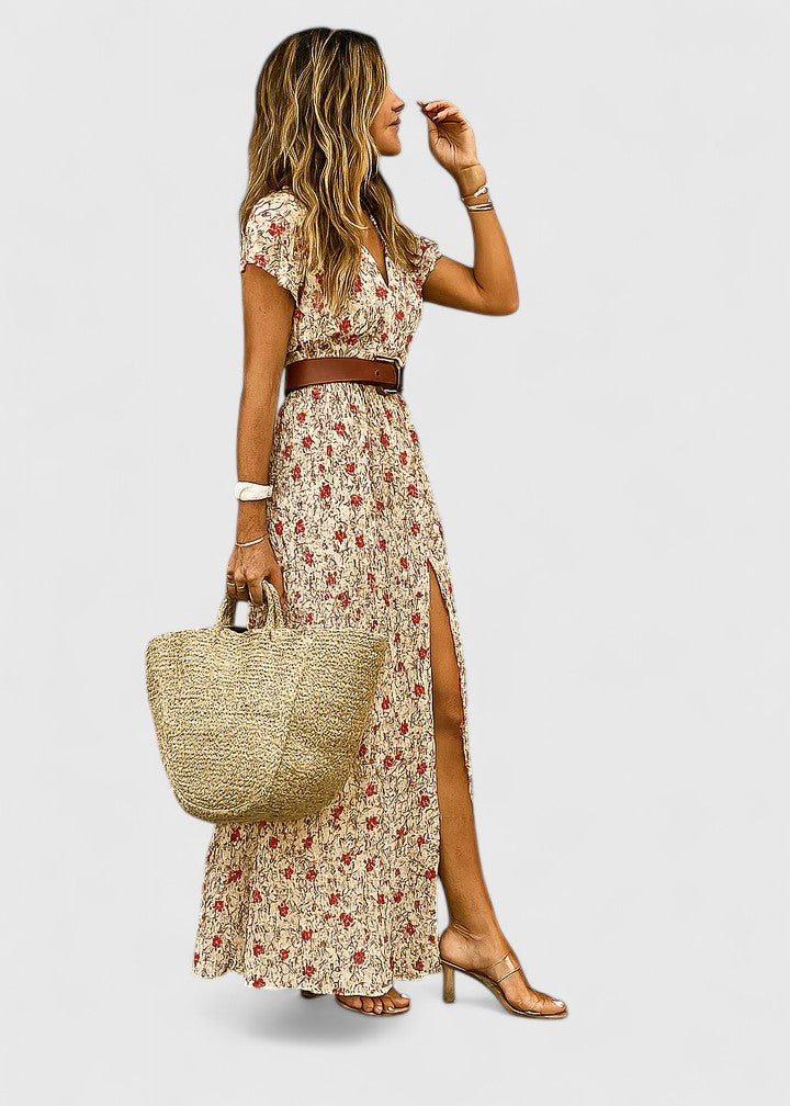 Side view of sophisticated maxi dress showing flowing silhouette and short sleeve design