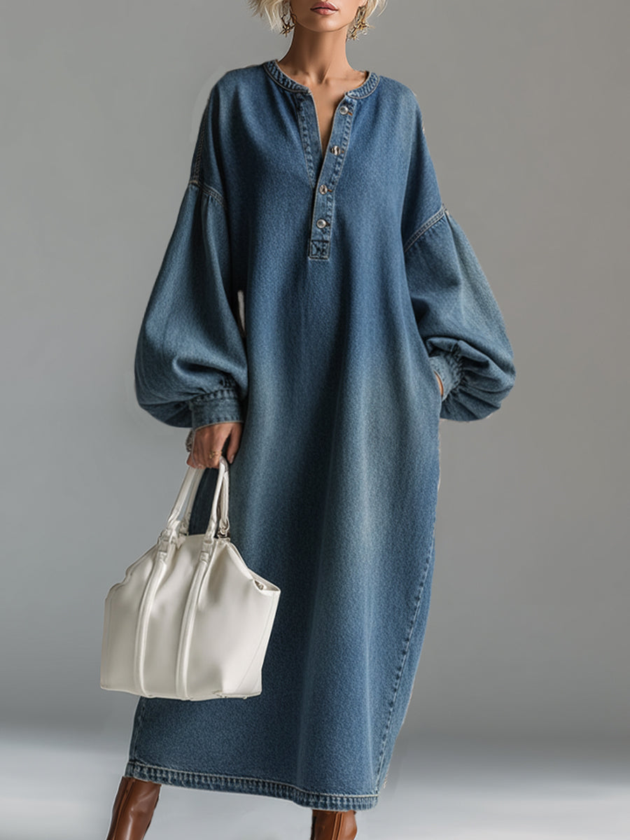 Women's Blue Denim Maxi Dress with half-button front and wide balloon sleeves in relaxed fit silhouette