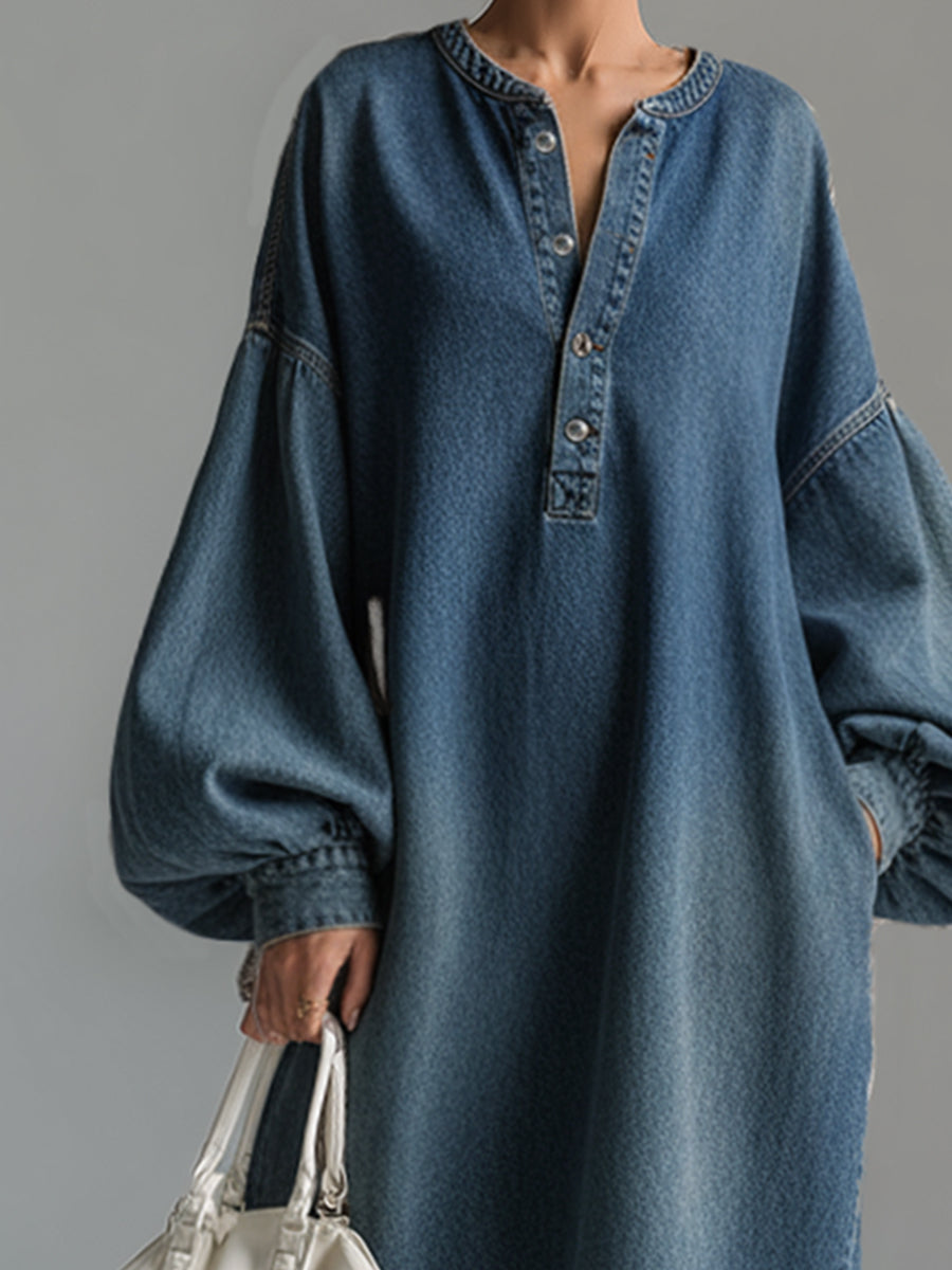 Detail shot of structured denim fabric and seam construction on women's maxi dress