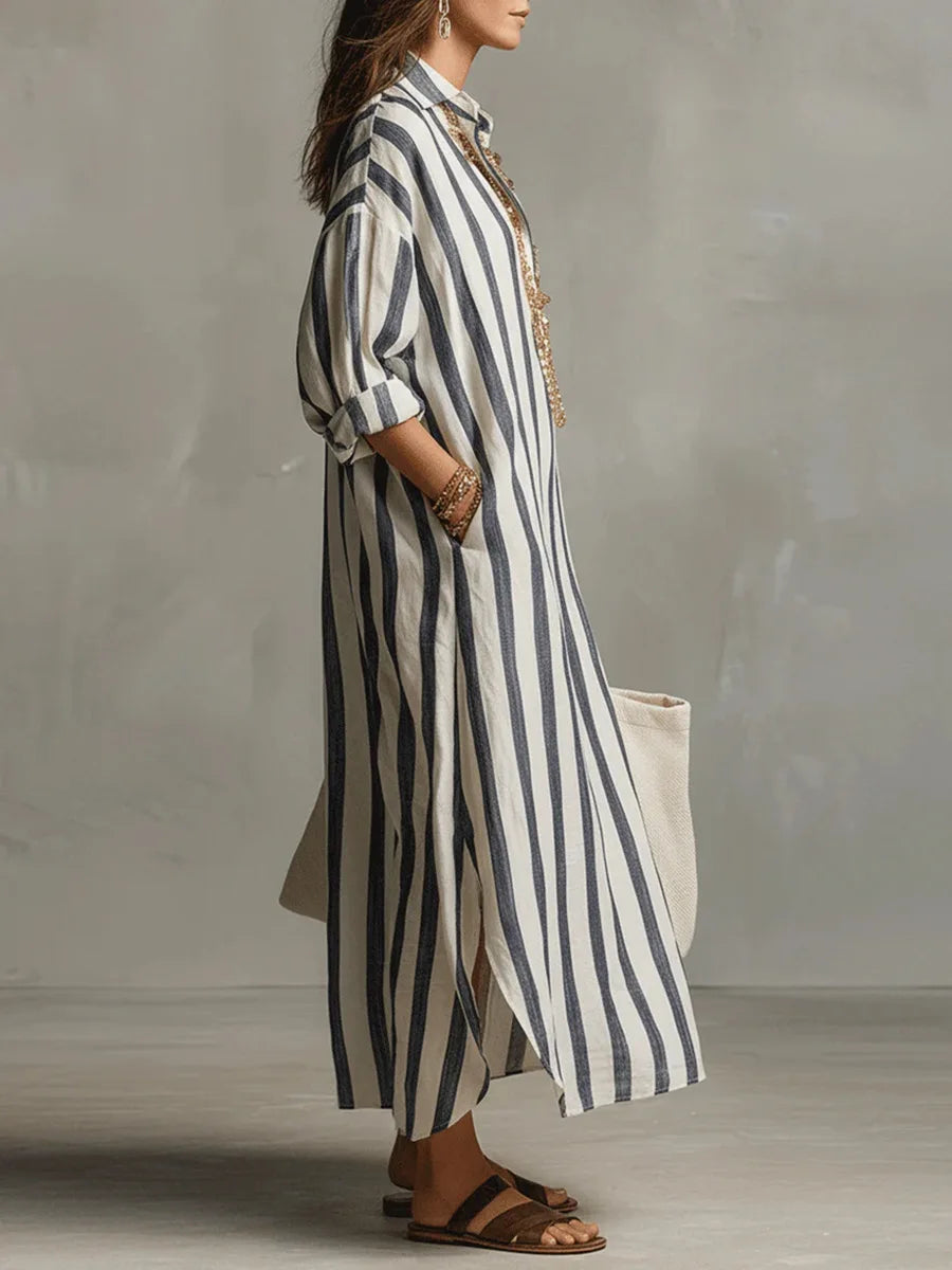 Front view of striped Linen Long Shirt Dress showing button-front closure and three-quarter sleeves with roll-tab detail