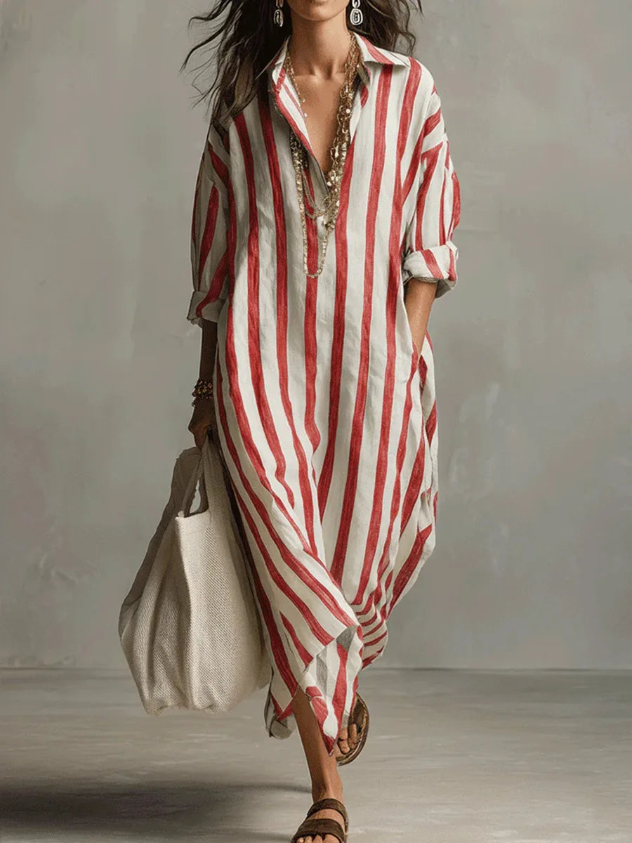 Back view of striped Linen Long Shirt Dress displaying continuous vertical stripe pattern and flowing silhouette
