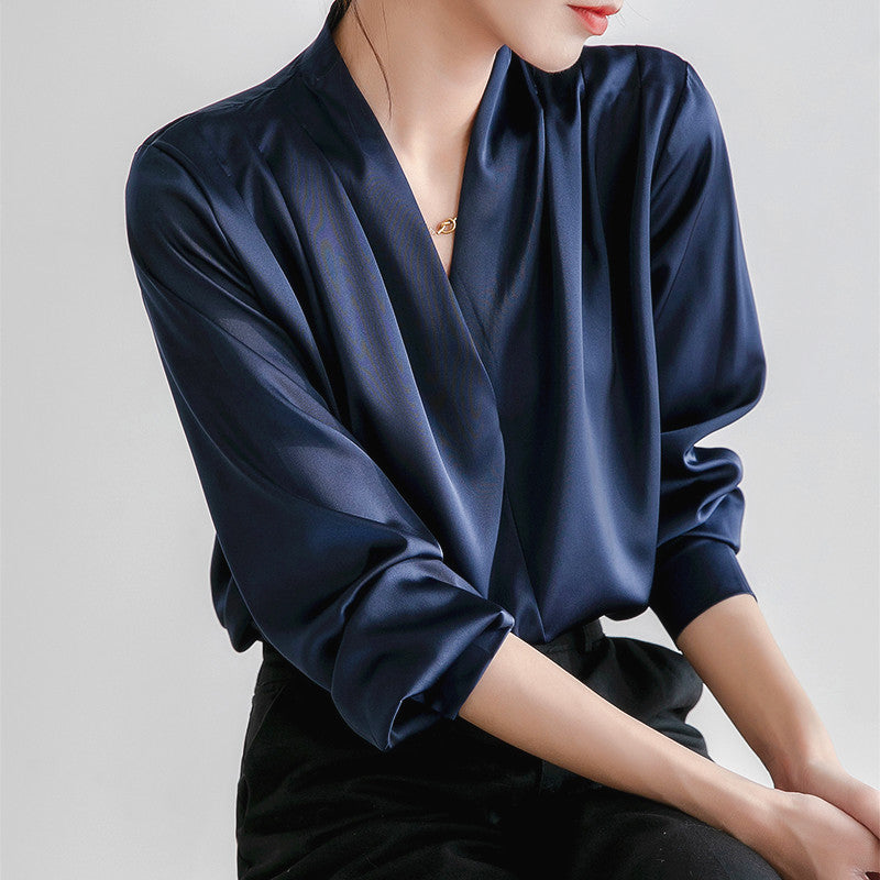 Alda | Long Sleeve V-Neck Satin Blouse 1