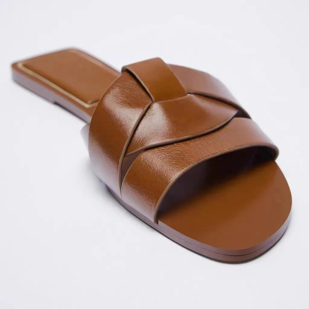 Alvida | Women's Flat Woven Leather Slides 