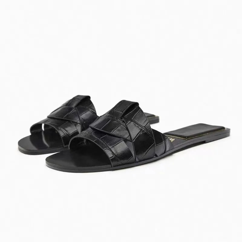 Alvida | Women's Flat Woven Leather Slides 