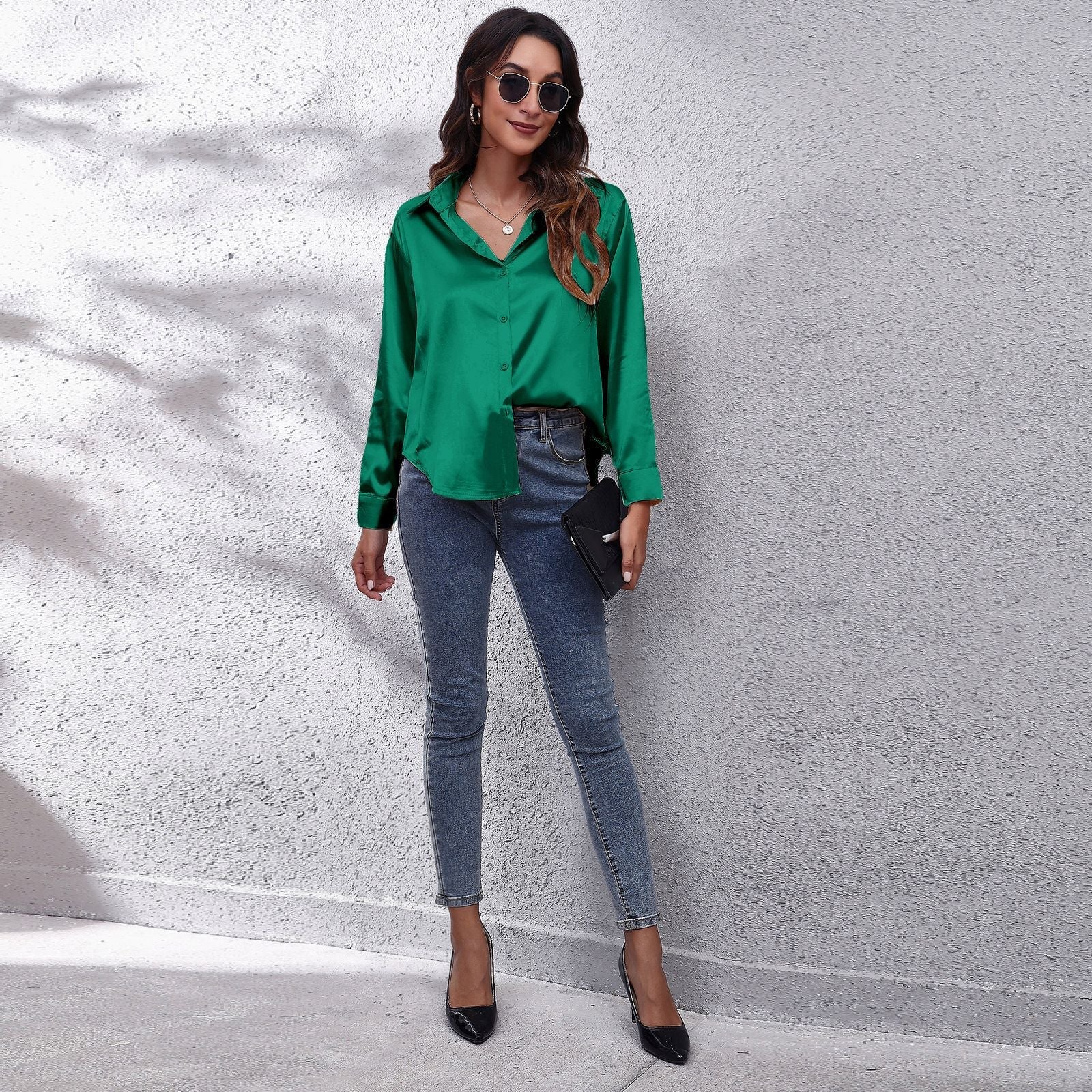 Bella | Women's Satin Blouse Loose Fit Button-Down  8