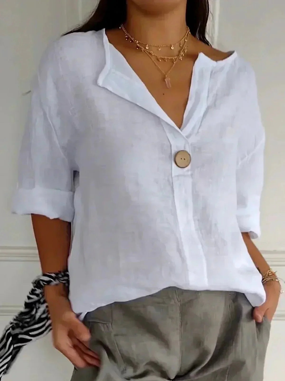 Bella | Women's V-Neck 3/4 Sleeve Relaxed Button Blouse 2