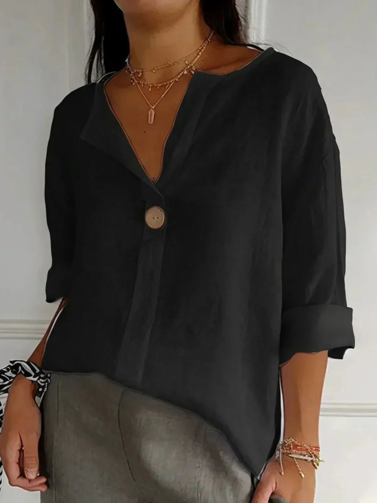 Bella | Women's V-Neck 3/4 Sleeve Relaxed Button Blouse 3