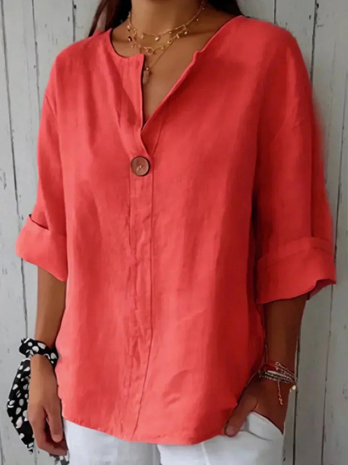 Bella | Women's V-Neck 3/4 Sleeve Relaxed Button Blouse 4