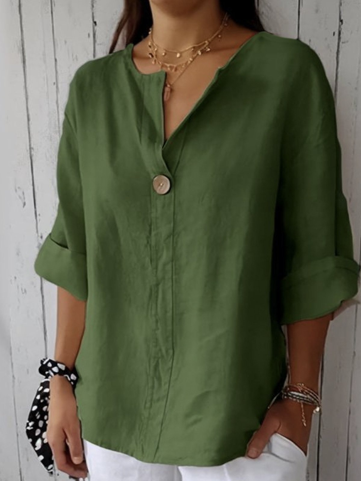 Bella | Women's V-Neck 3/4 Sleeve Relaxed Button Blouse 5