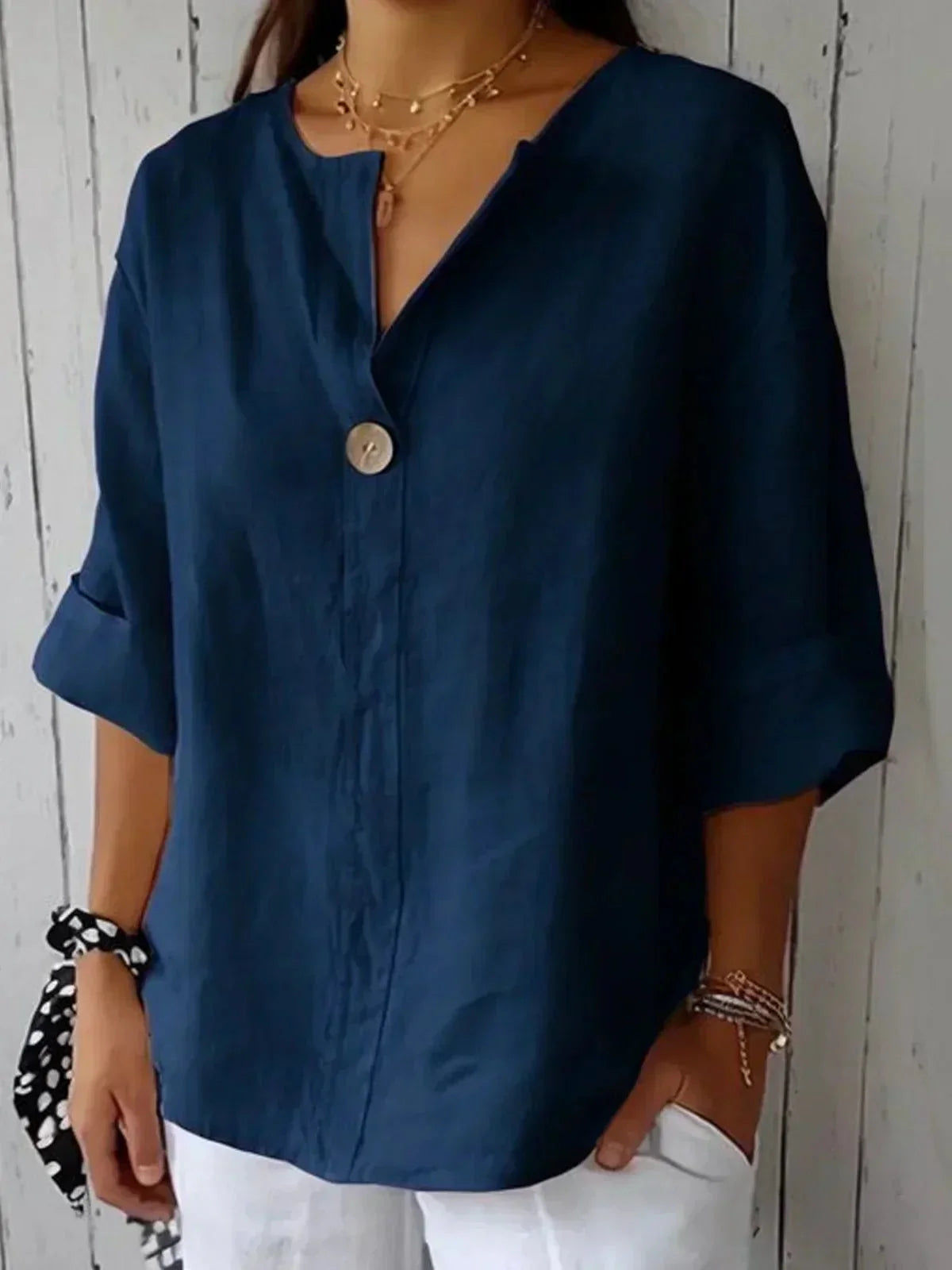 Bella | Women's V-Neck 3/4 Sleeve Relaxed Button Blouse 6