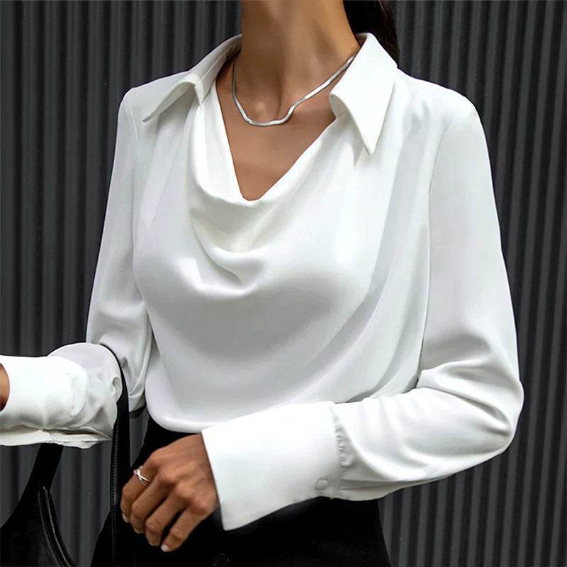 Bianca | Women's Satin Blouse Cowl Neck Long Sleeve Point Collar 5