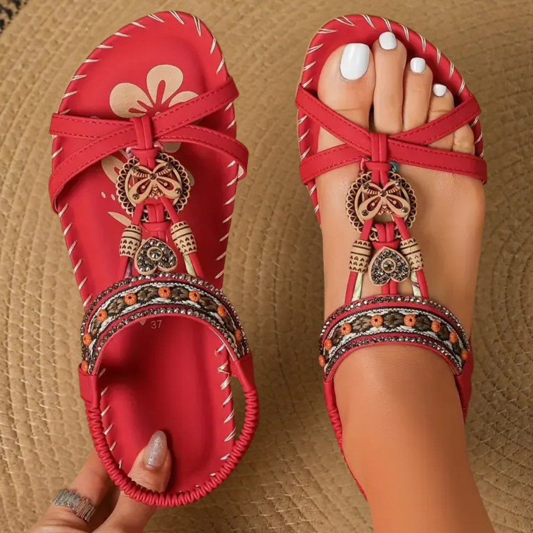 Bonnie | Women's Bohemian Flat Sandals Beaded T-Strap Slingback 1