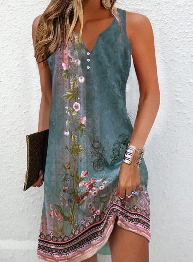 Brielle | Women's Print V Neck Sleeveless Midi Dress