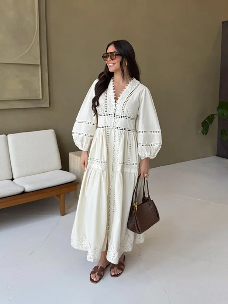 Cavina | White Lace V Neck Maxi Wedding Guest Dress 3