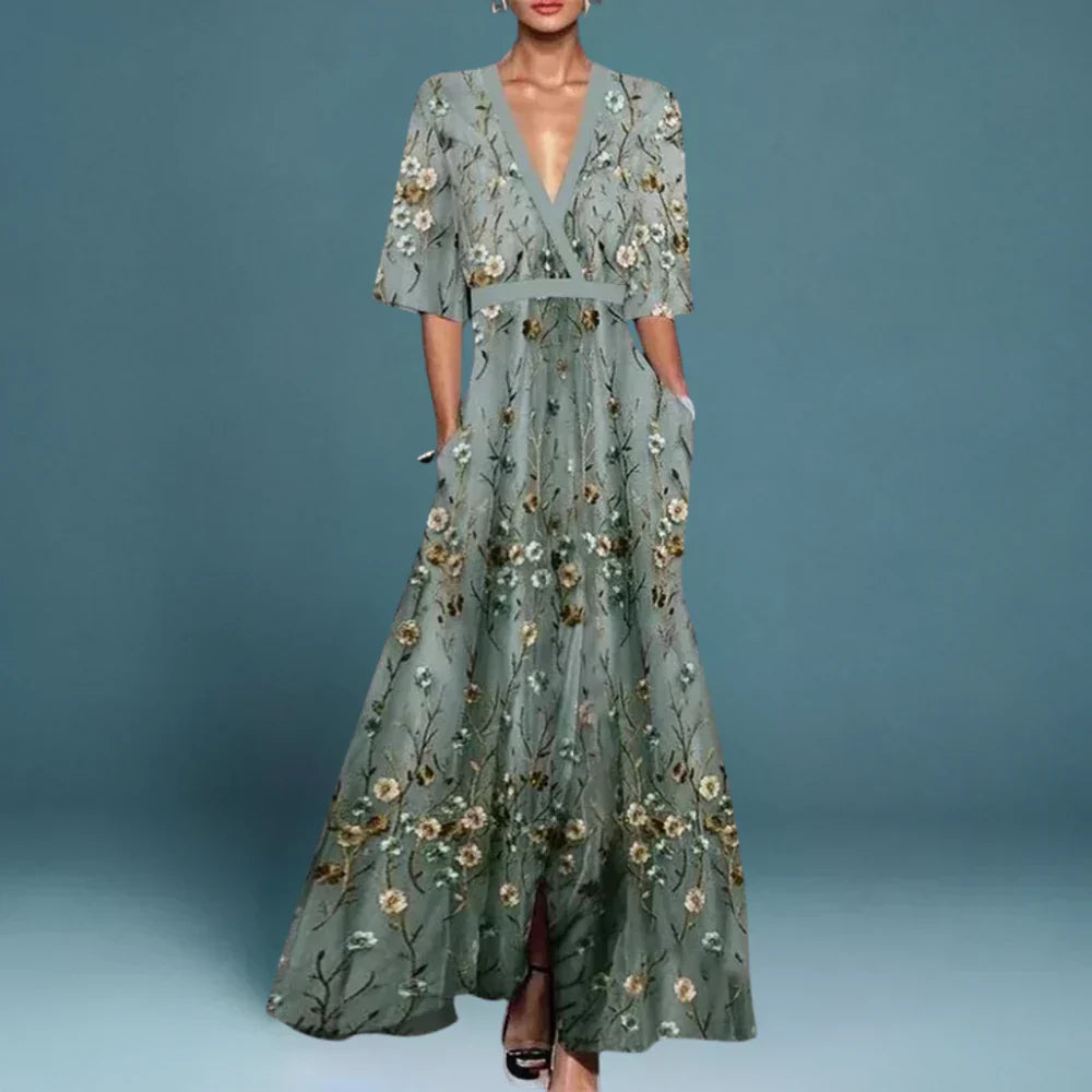Daisy | Women's Floral Embroidered V-Neck Maxi Dress