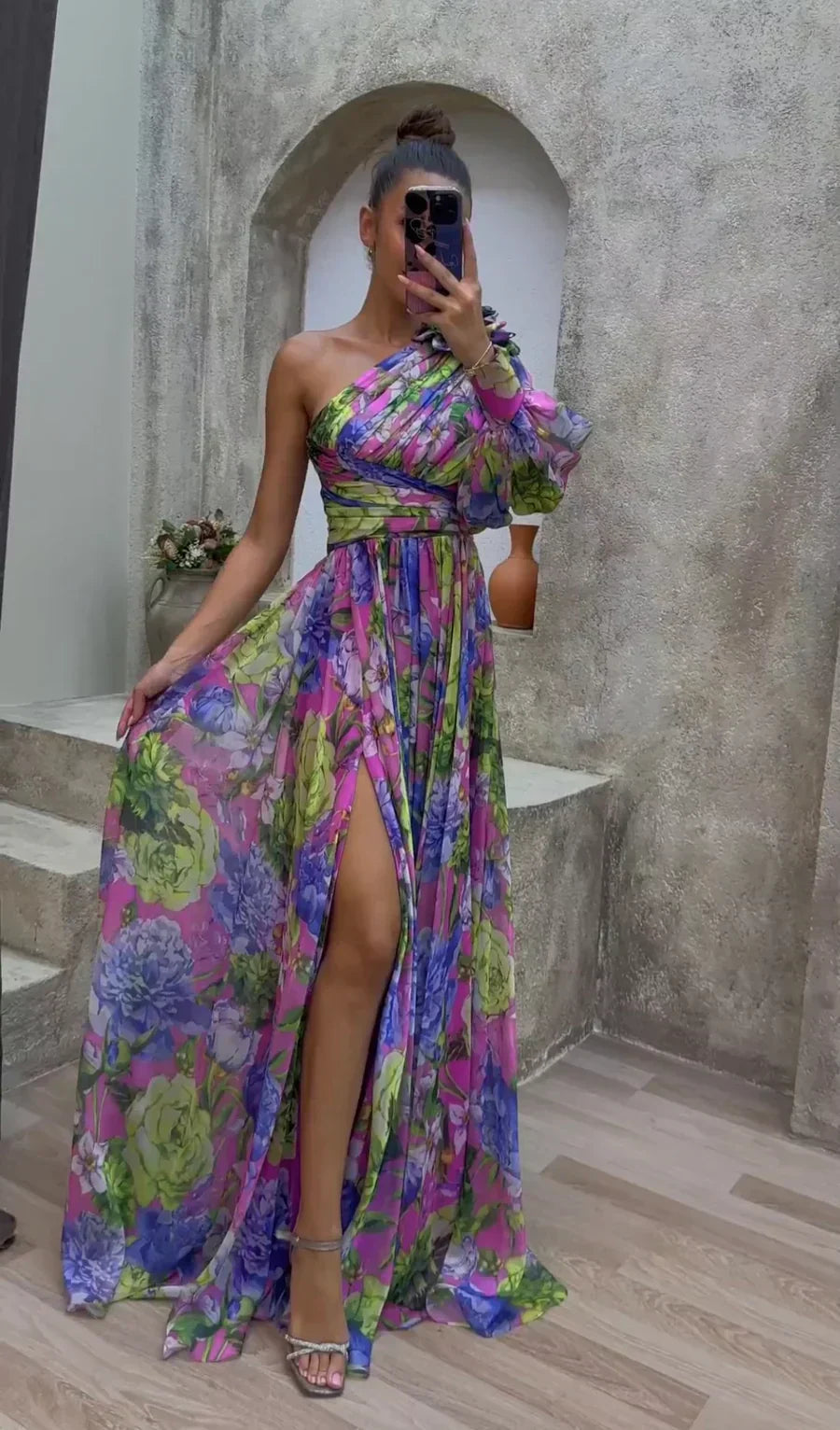 Dana | Women's Floral Print One Shoulder Puff Sleeve Maxi Dress