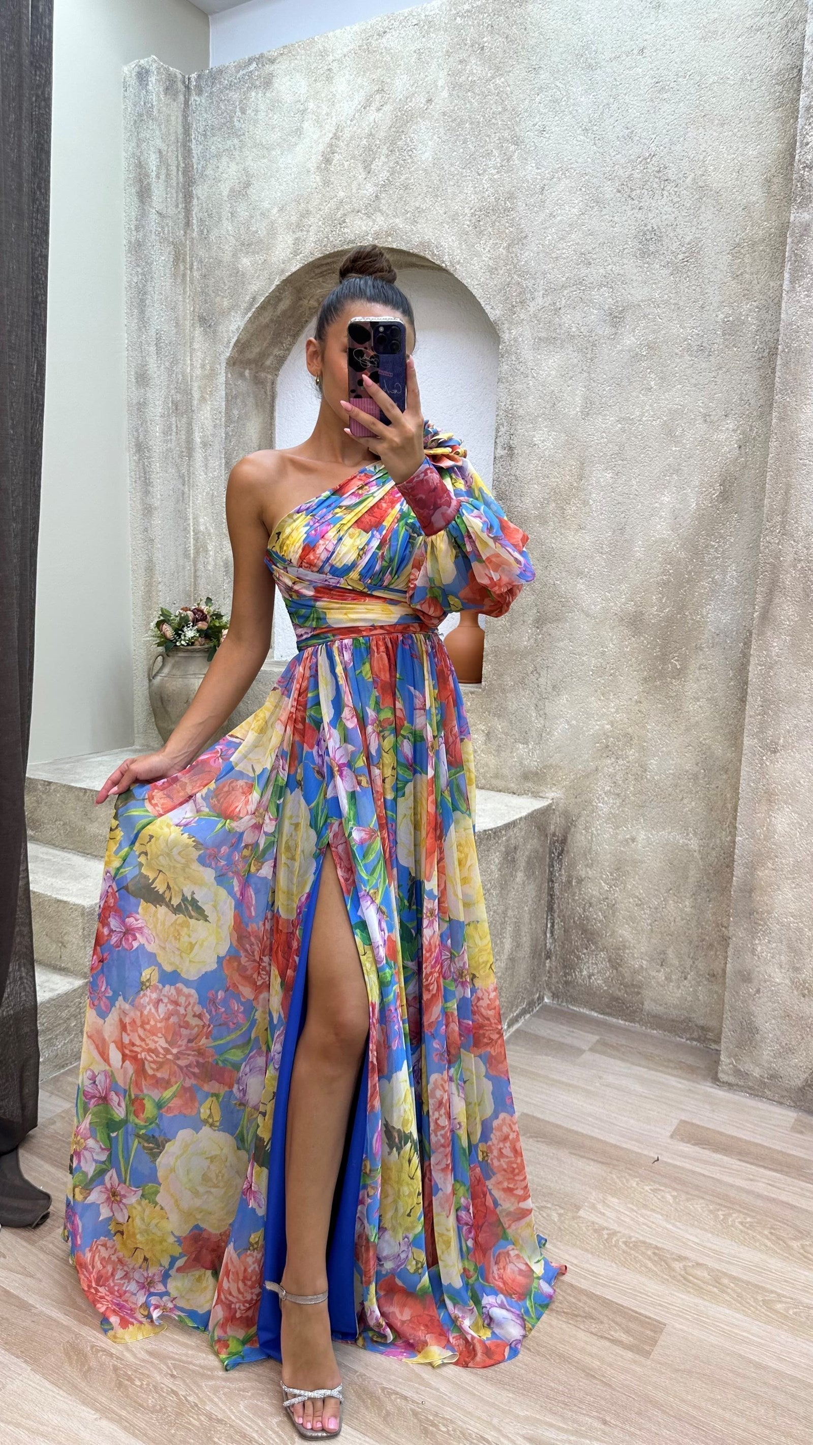 Dana | Women's Floral Print One Shoulder Puff Sleeve Maxi Dress 2
