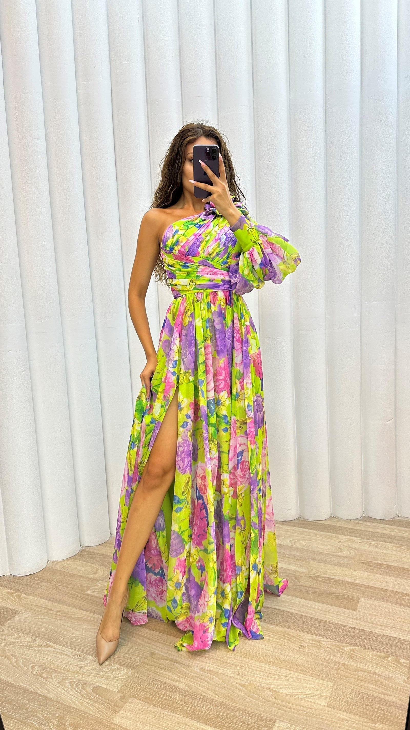 Dana | Women's Floral Print One Shoulder Puff Sleeve Maxi Dress 3