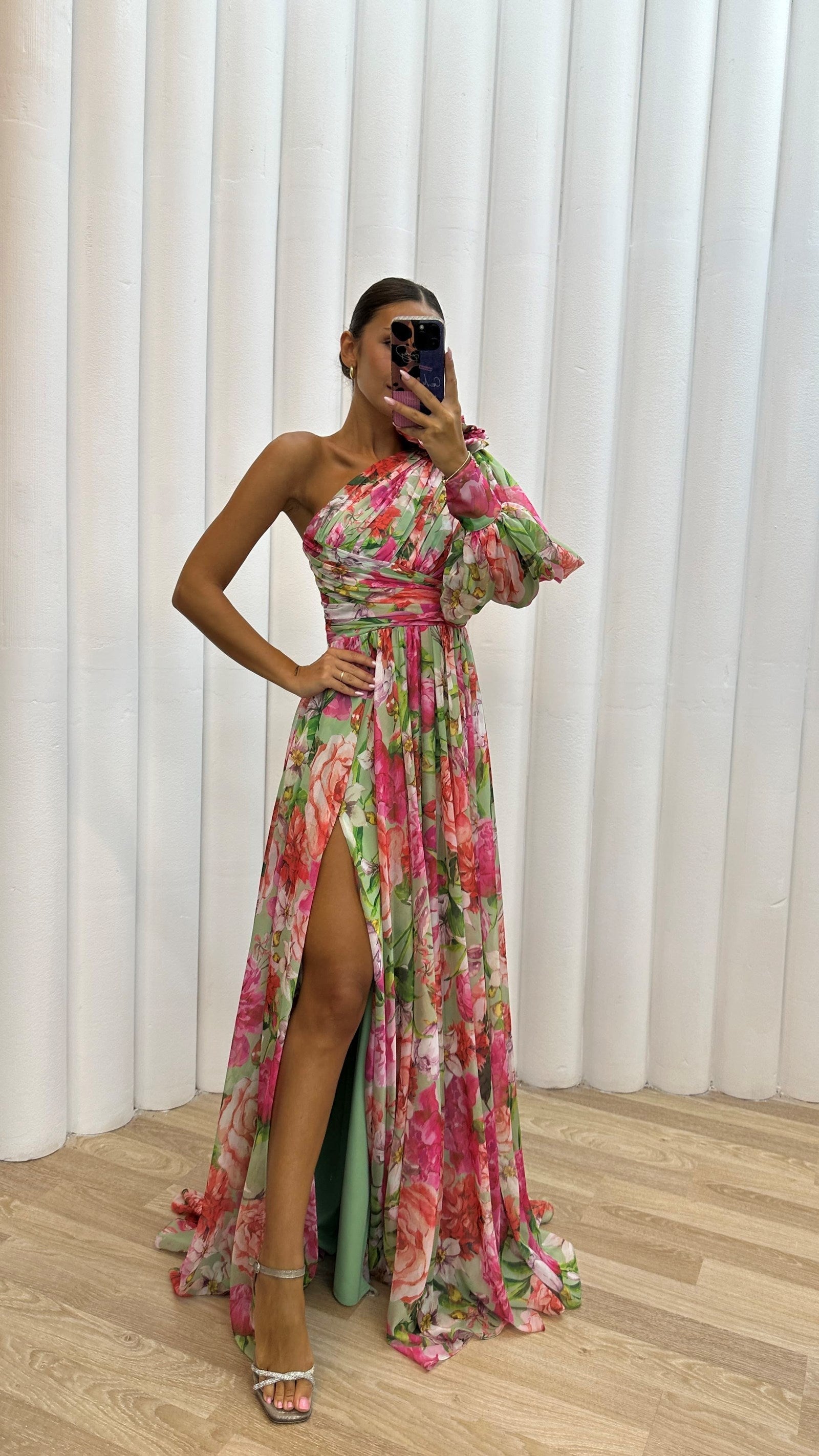 Dana | Women's Floral Print One Shoulder Puff Sleeve Maxi Dress 4