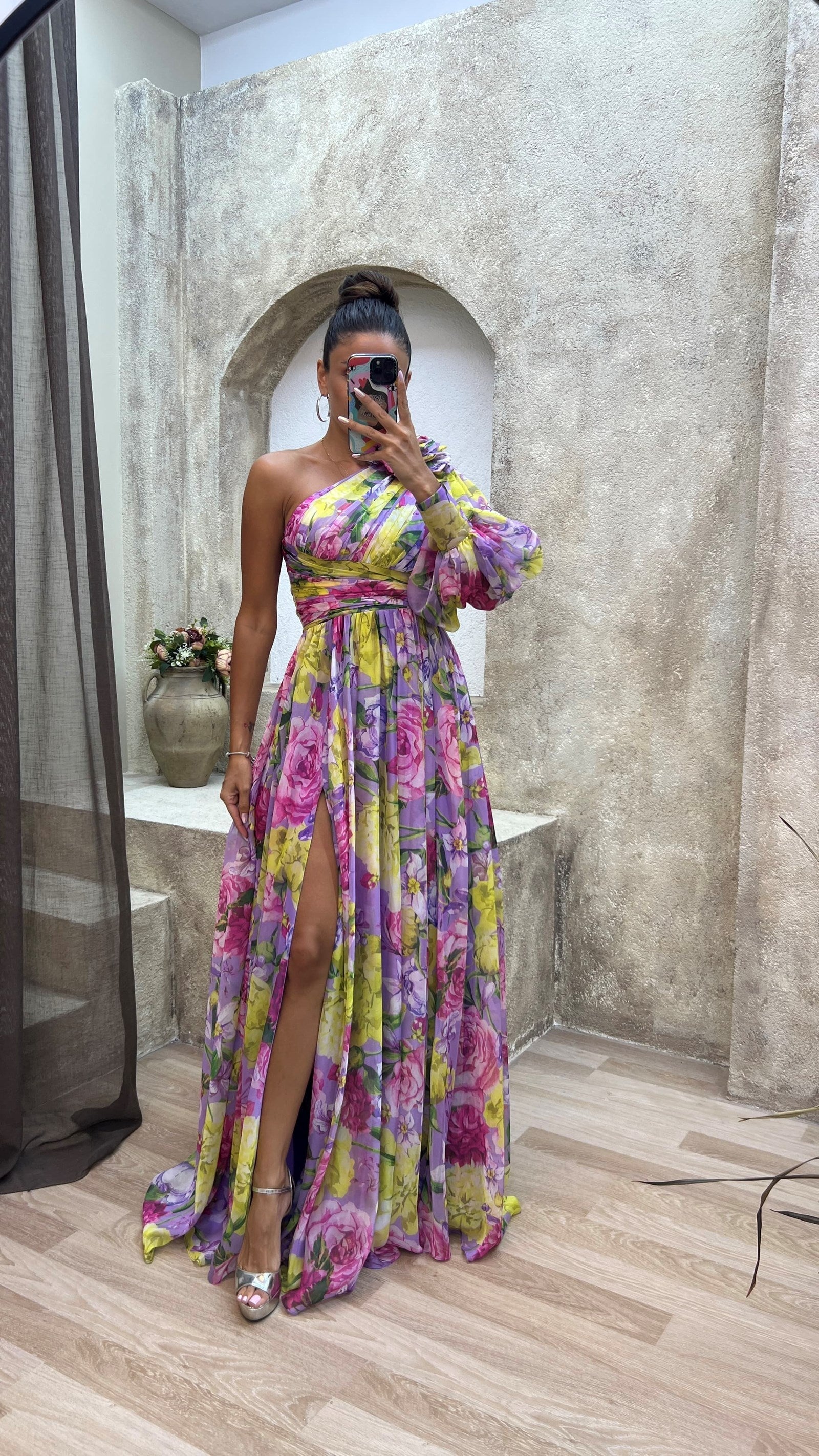 Dana | Women's Floral Print One Shoulder Puff Sleeve Maxi Dress 5