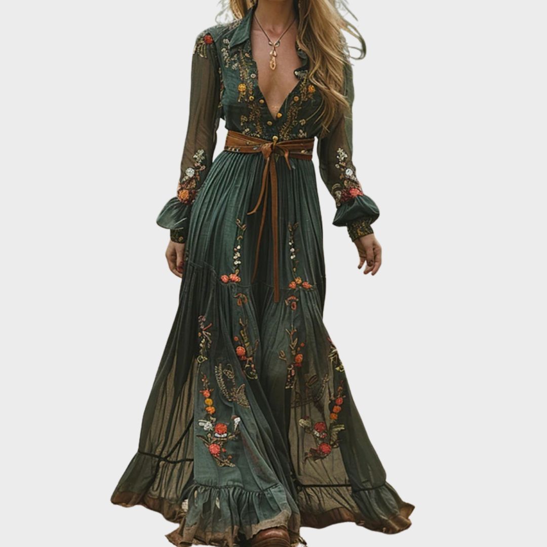 Dara | Women's Maxi Dress Floral Embroidered Long Sleeve Button 1