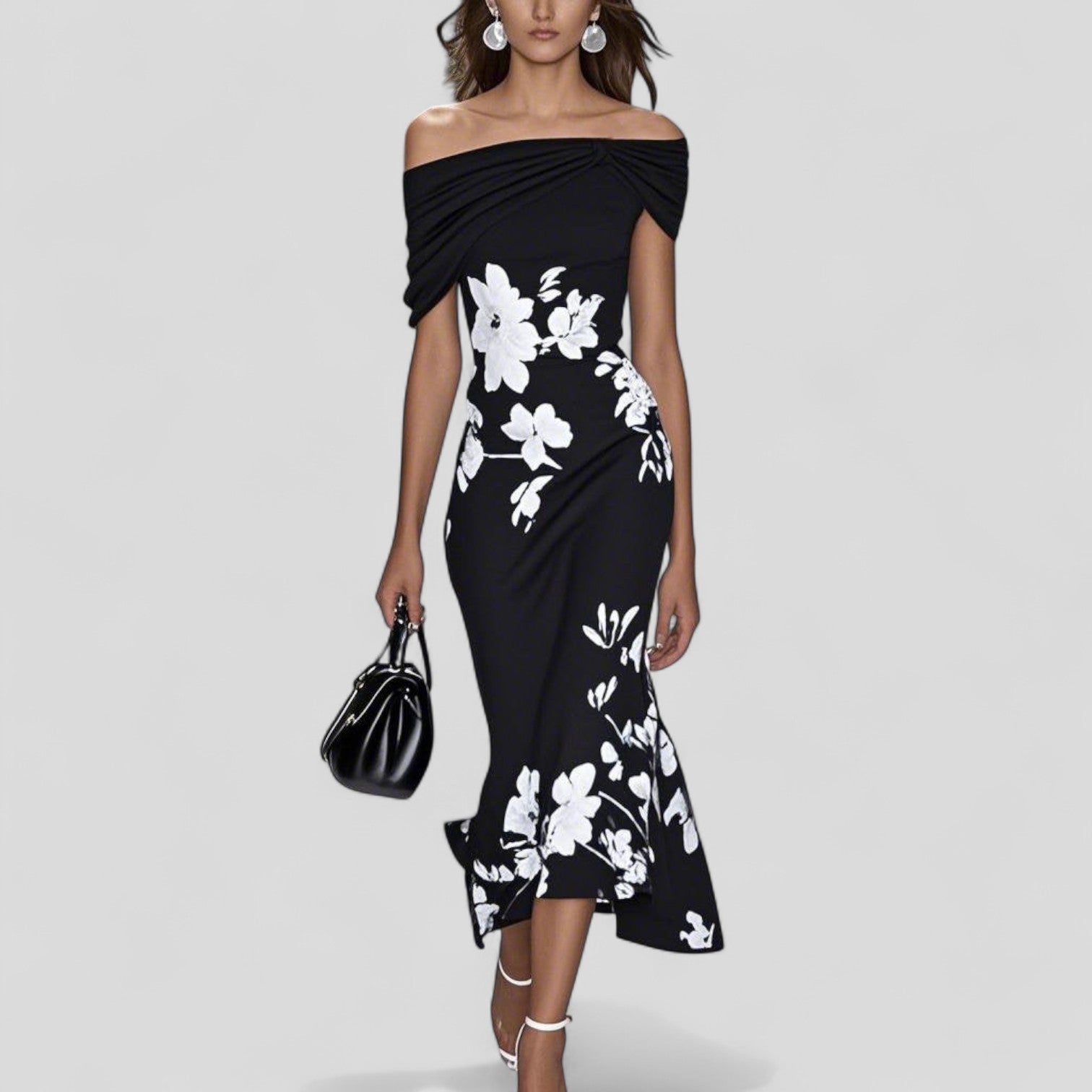Dara | Women's Off-Shoulder Midi Dress Floral Print Ruffle Hem 2