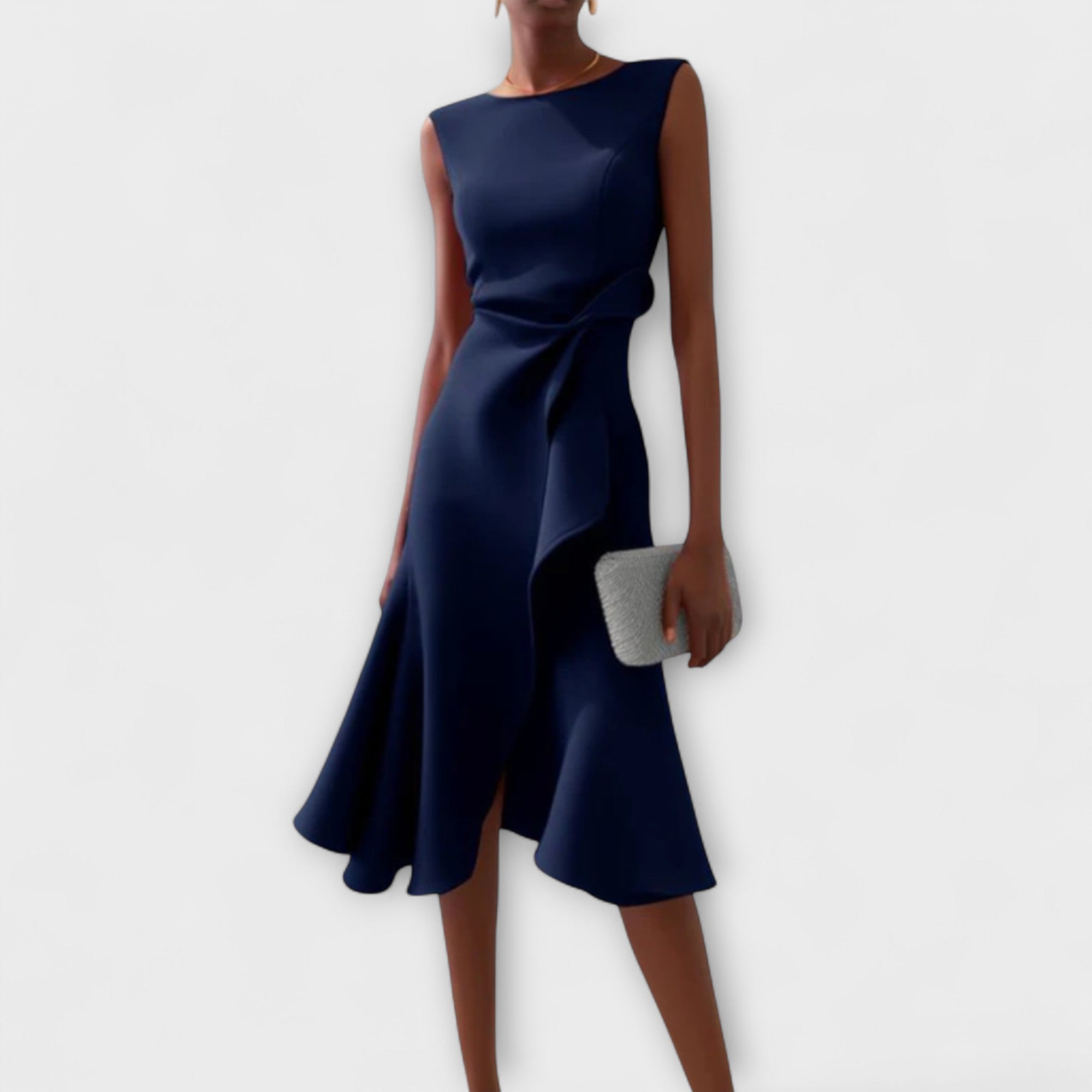 Dara | Women's Sleeveless Draped Asymmetric Ruffle Midi Dress 1