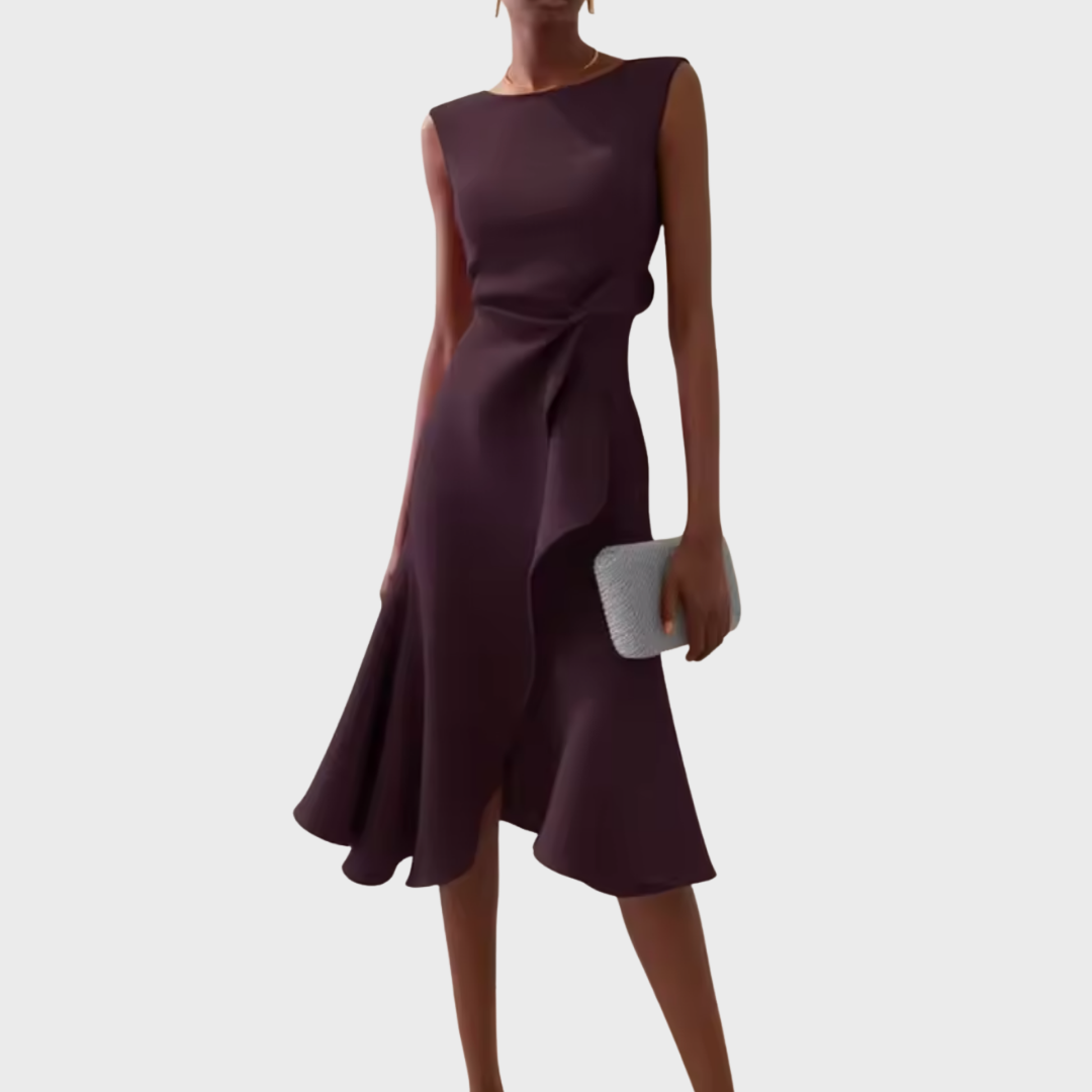 Dara | Women's Sleeveless Draped Asymmetric Ruffle Midi Dress 11