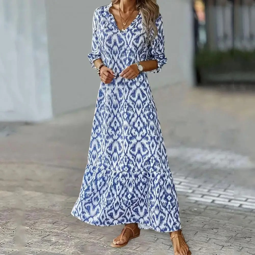 Davina | Women's Print V Neck Tiered Hem Summer Maxi Dress in Blue